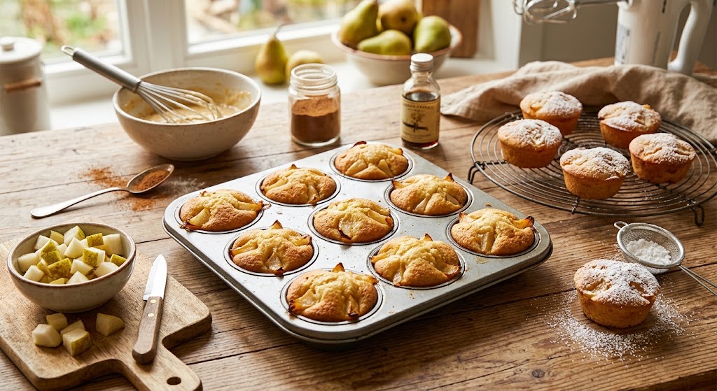 Zachte mini-cakes met peer en een vleugje kaneel, perfect voor twaalf mensen tegelijk.