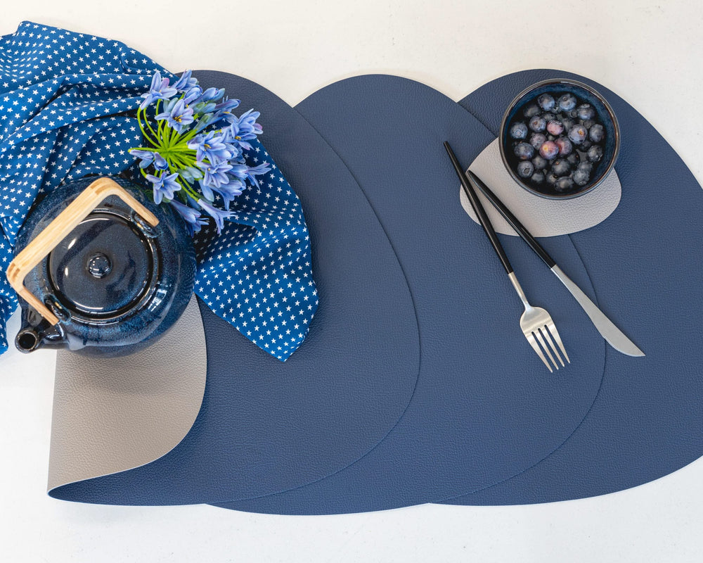 Onderzetters - Vegan leer - Grijs / Blauw - Organic - dubbelzijdig - 13 x 11 cm - 6 stuks - Cookinglife
