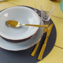 Cookinglife 6 Placemats + 6 Onderzetters - Dubbelzijdig - Rond - Vegan leer - Blauw / Grijs