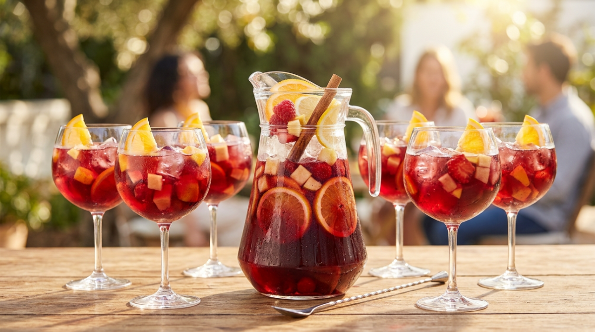 Zonnige sangria met rood fruit, citrus en een vleugje likeur. Gemaakt om te delen: één karaf van 1,6 liter serveert comfortabel 6 royale glazen (700 ml) gevuld met veel ijs en fruit.