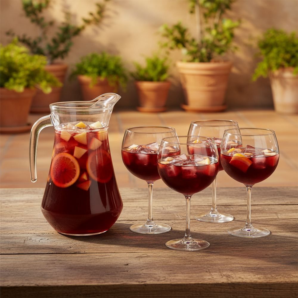 Sangriaset - Karaf 1.6 L met 6 Glazen 700 ml, Cocktaillepel & IJsblokjesvorm