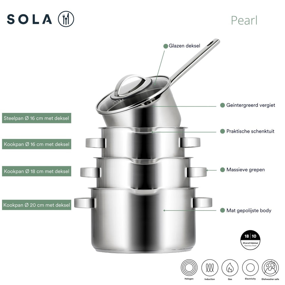 Sola Pannenset Pearl 4-Delig RVS - Downdraft geschikt - Kookpan ø 16, 18, 20 cm & Steelpan ø 16 cm - geschikt voor alle warmtebronnen