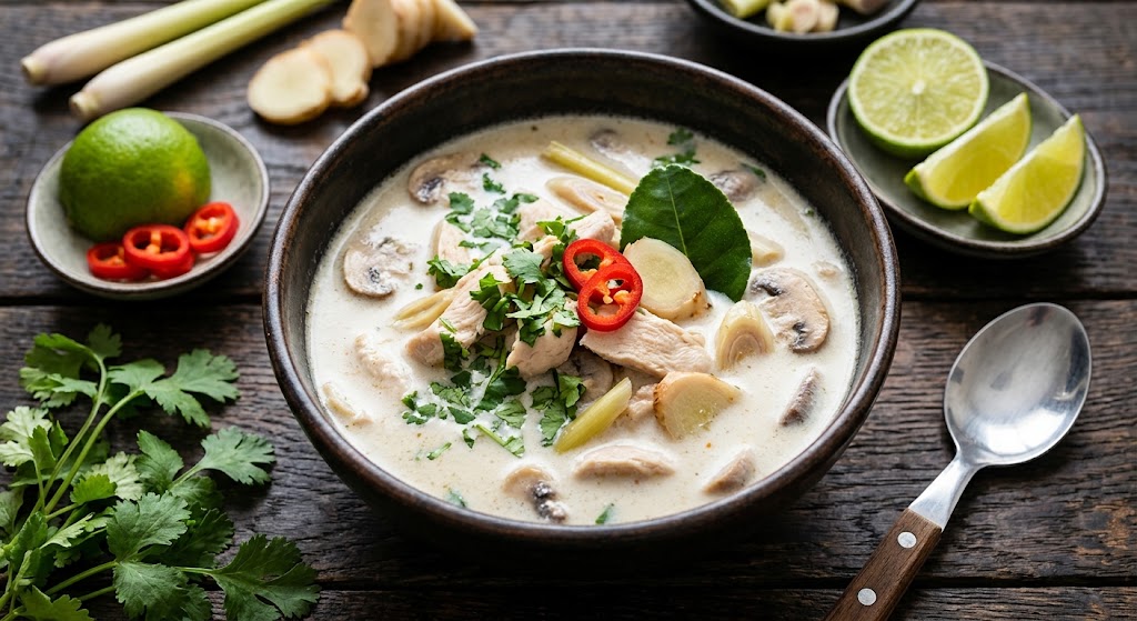 Romige Thaise kokossoep met kip en gember
