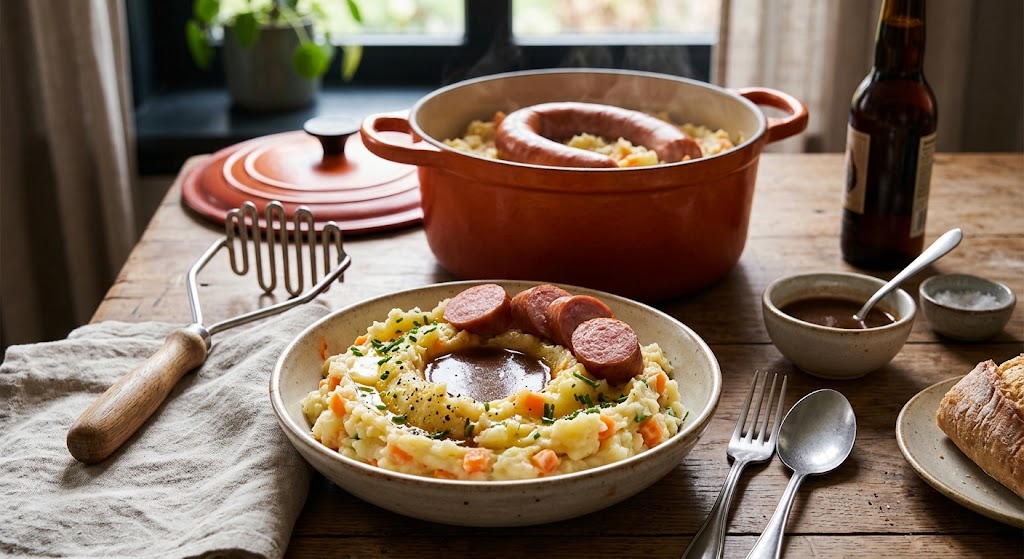 Klassieke stamppot met een kleurrijke worteltwist