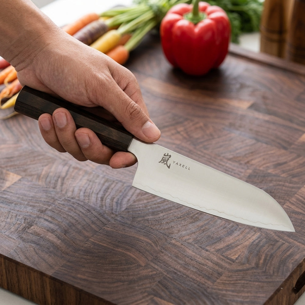 Yaxell Santokumes Hana 12.5 cm - 3 laags RVS - donkerbruin Pakkahouten heft