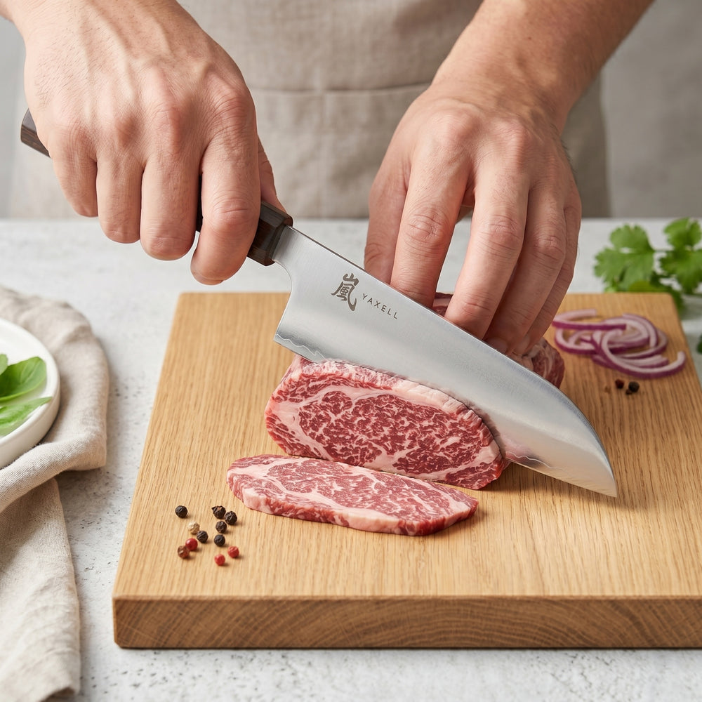 Yaxell Santokumes Hana 16.5 cm - 3 laags RVS - donkerbruin Pakkahouten heft